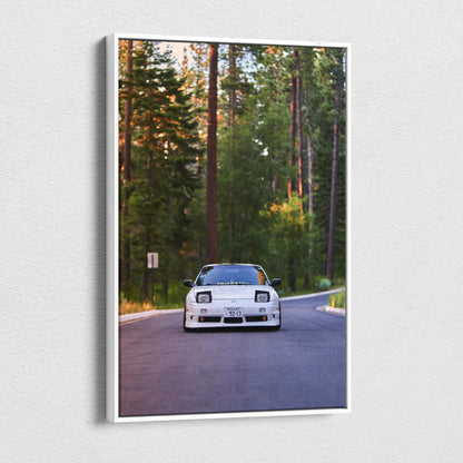 Vertical canvas art of a white Nissan 240sx S13 Type X on a forest road, wall art print.