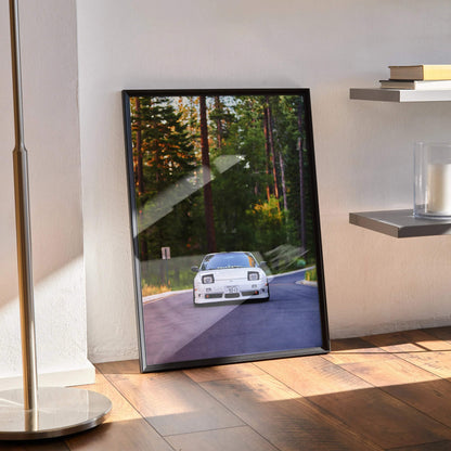 Nissan 240sx S13 Type-X on forest road poster wall art with black frame and glossy finish.