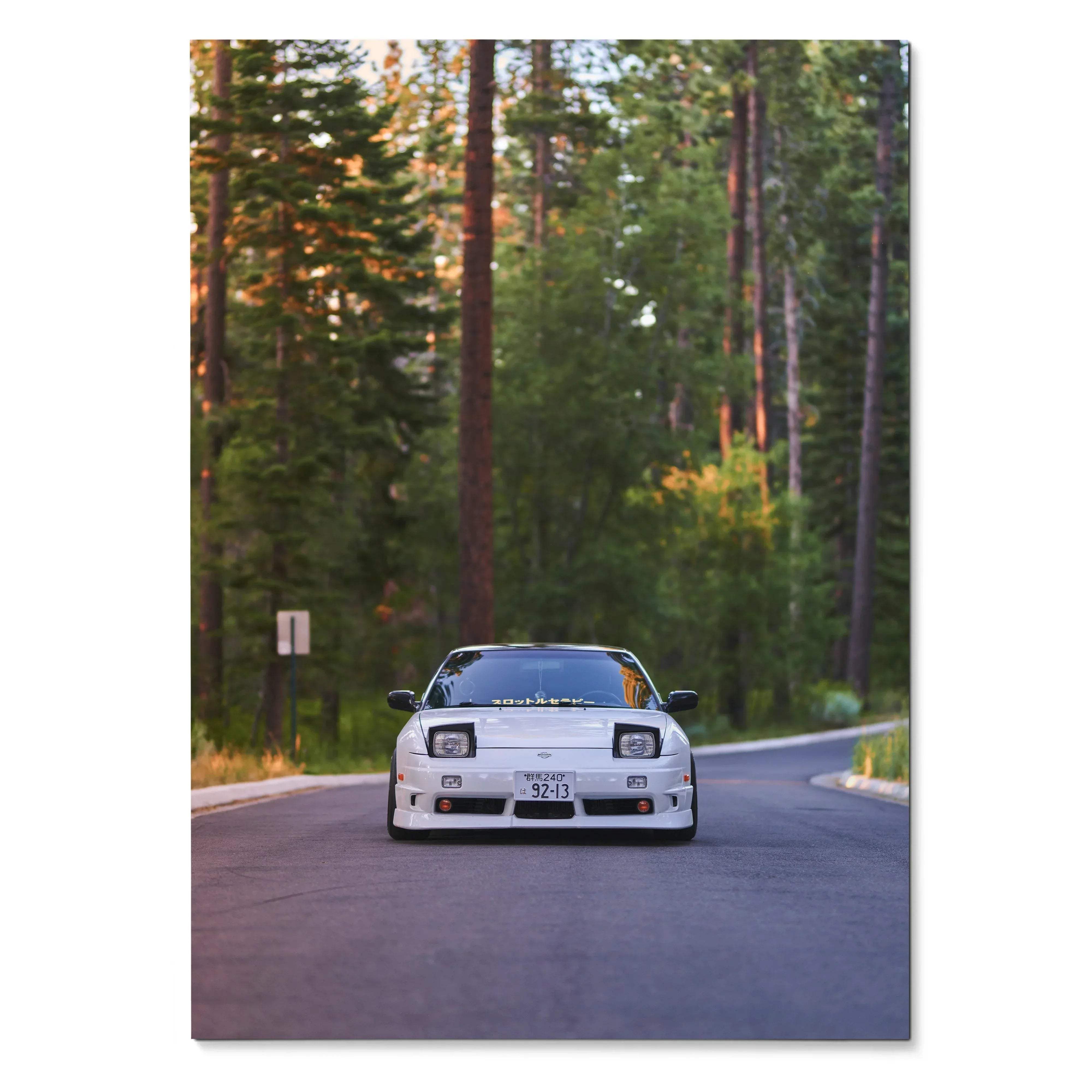 Nissan 240sx S13 Type-X front view driving on forest road poster wall art.