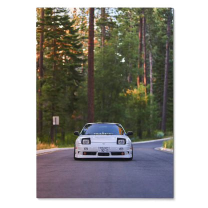 Nissan 240sx S13 Type-X front view driving on forest road poster wall art.