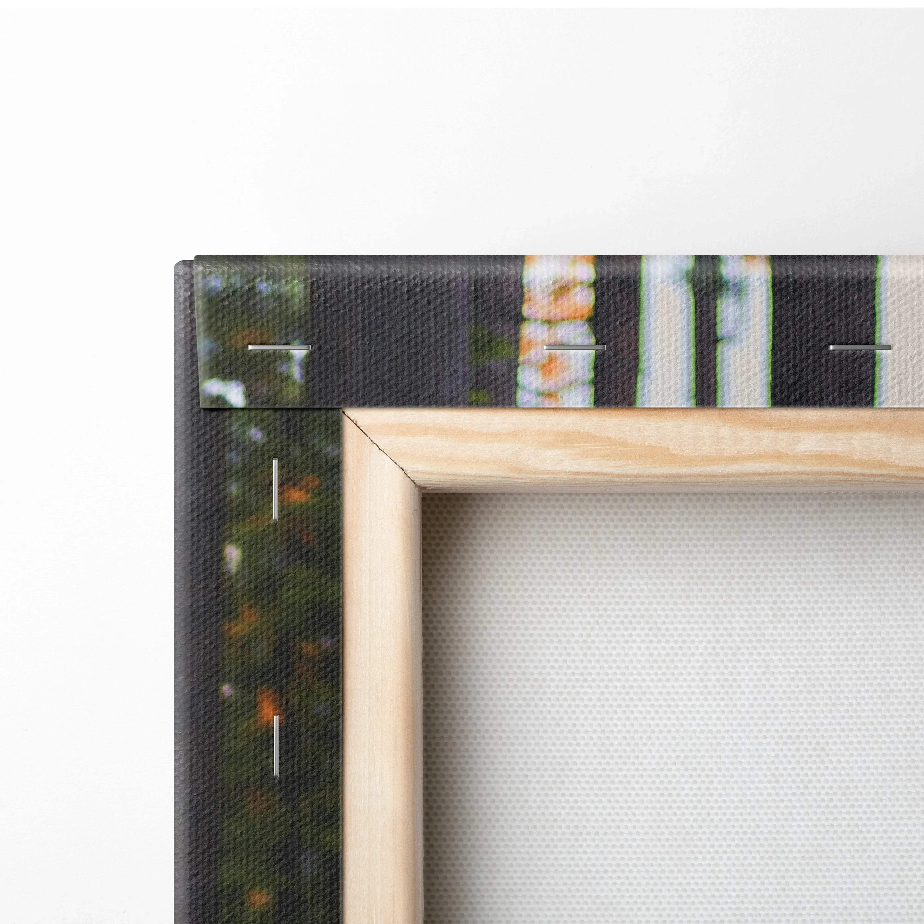 Corner detail of Nissan 240sx Type X vertical canvas art with natural wood frame for wall art display.
