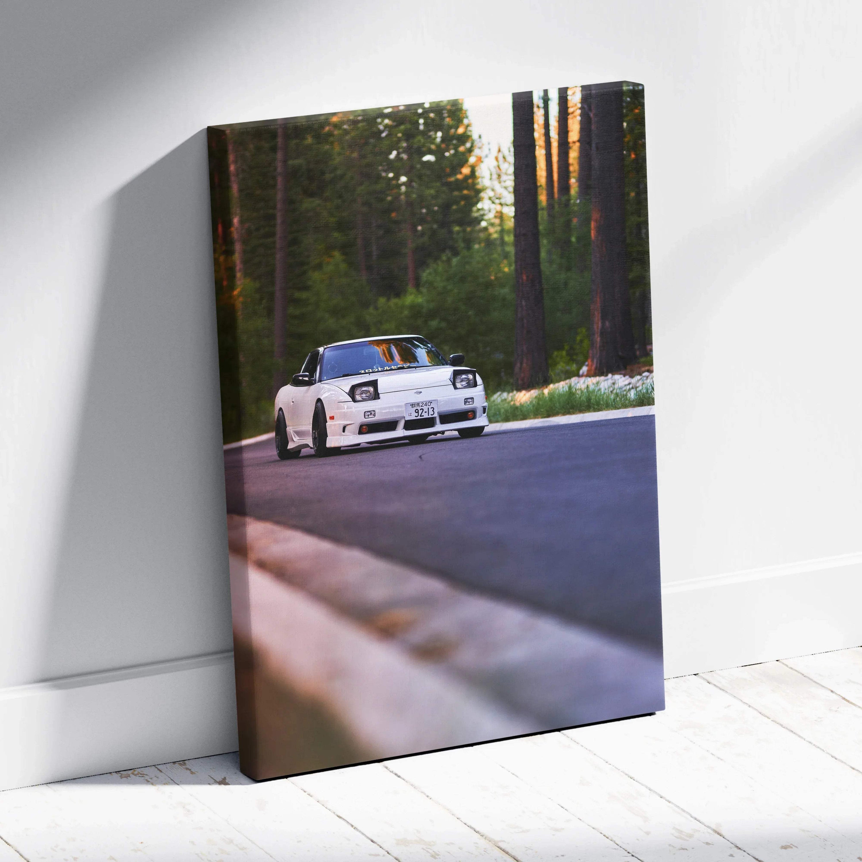 White Nissan 240sx Type X on forest road vertical canvas wall art print.