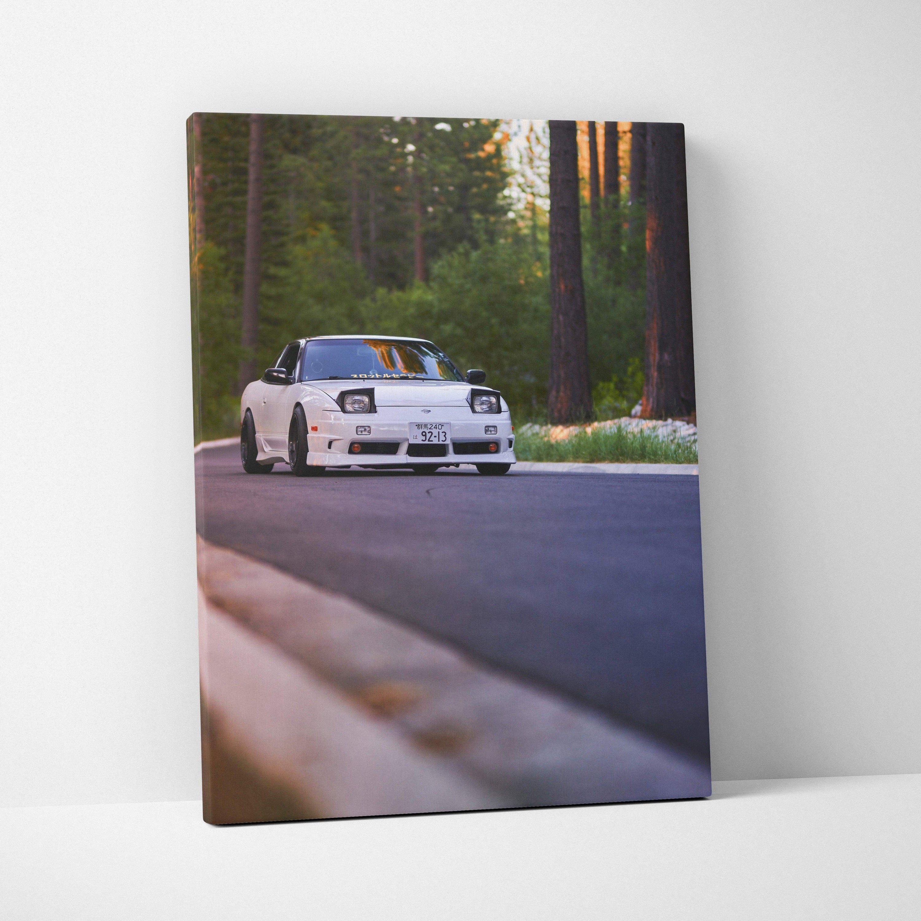 White Nissan 240sx Type X on road in forest setting vertical canvas wall art print.