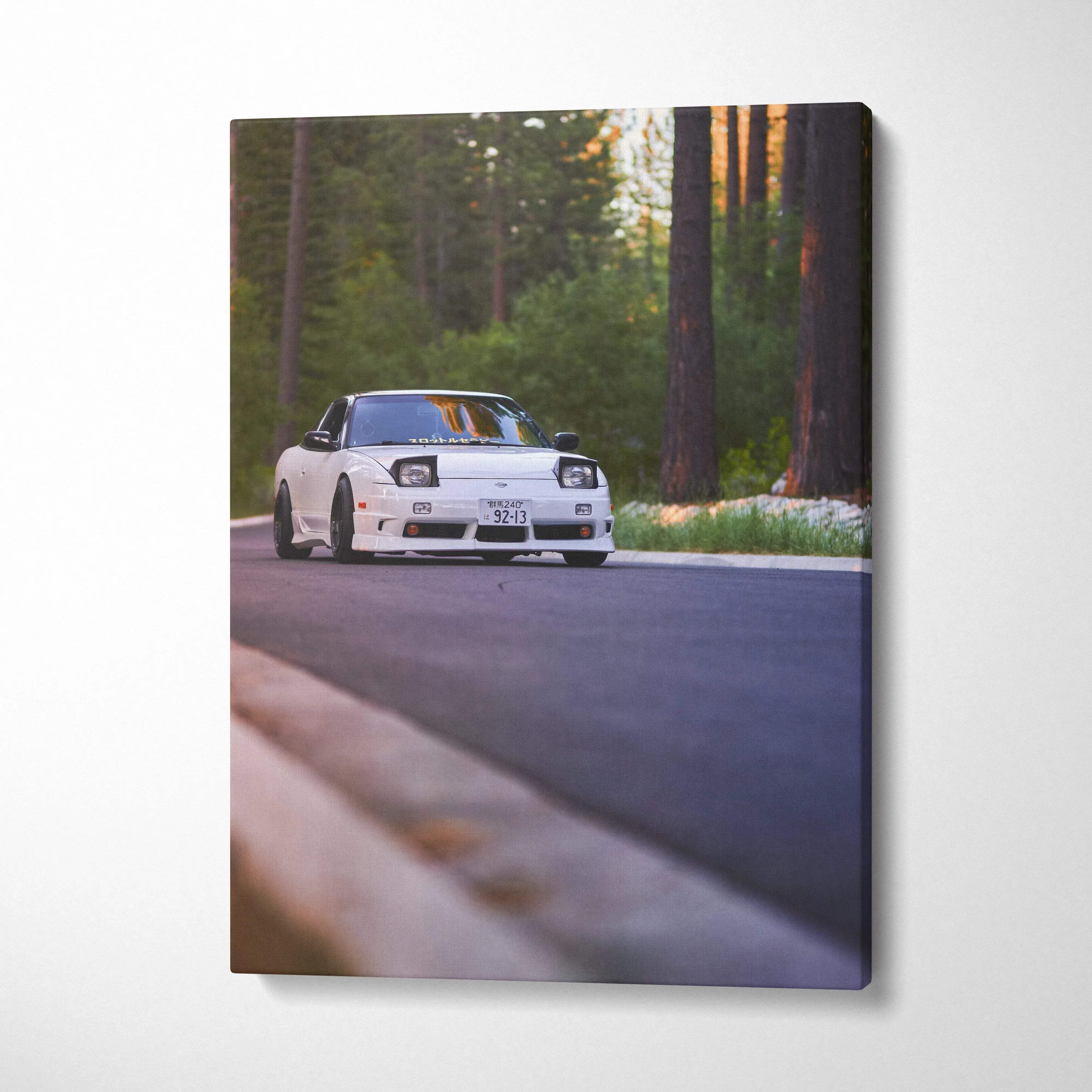 White Nissan 240sx on forest road vertical canvas wall art print.