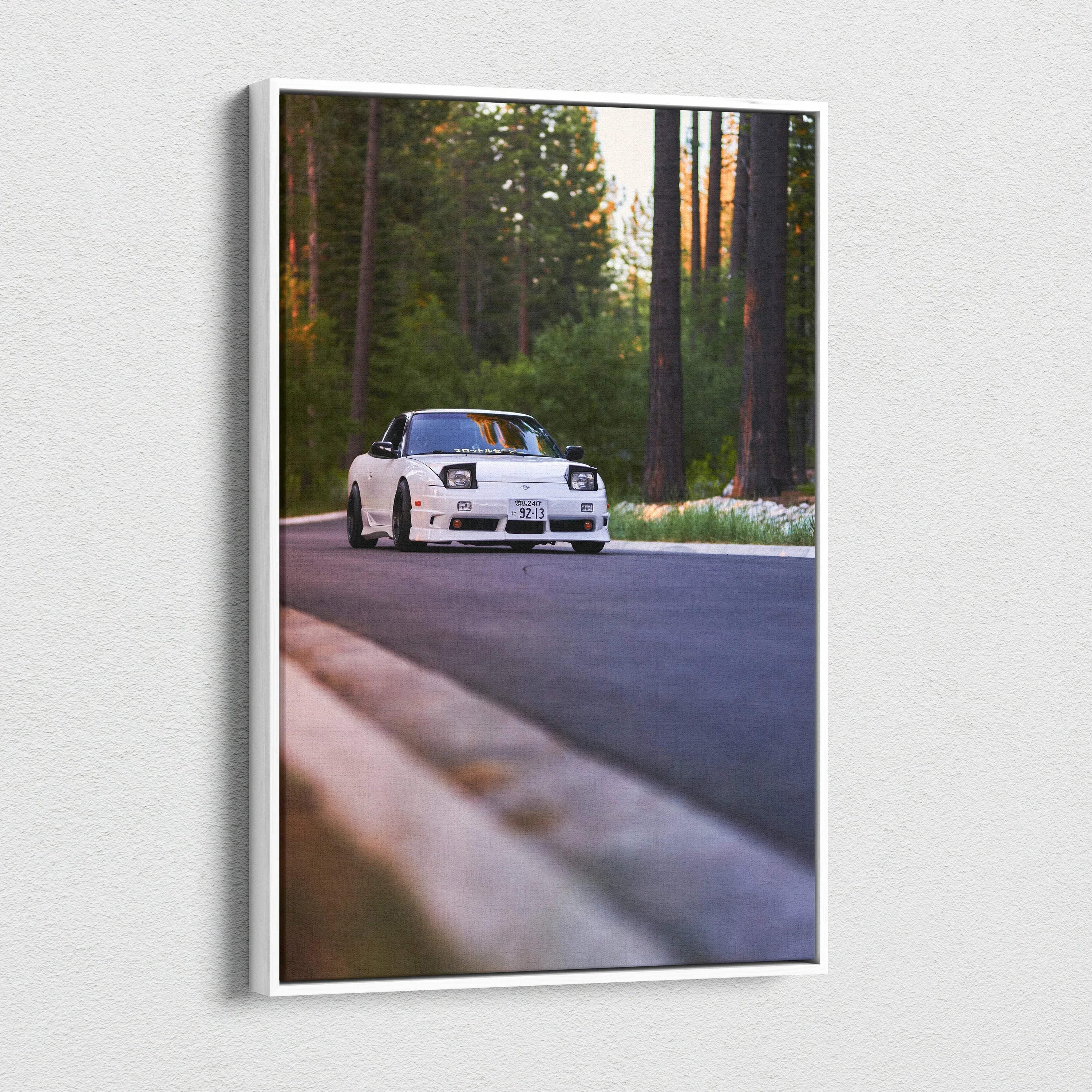 Nissan 240sx Type X driving on forest road vertical canvas wall art print.