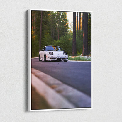 Nissan 240sx Type X driving on forest road vertical canvas wall art print.