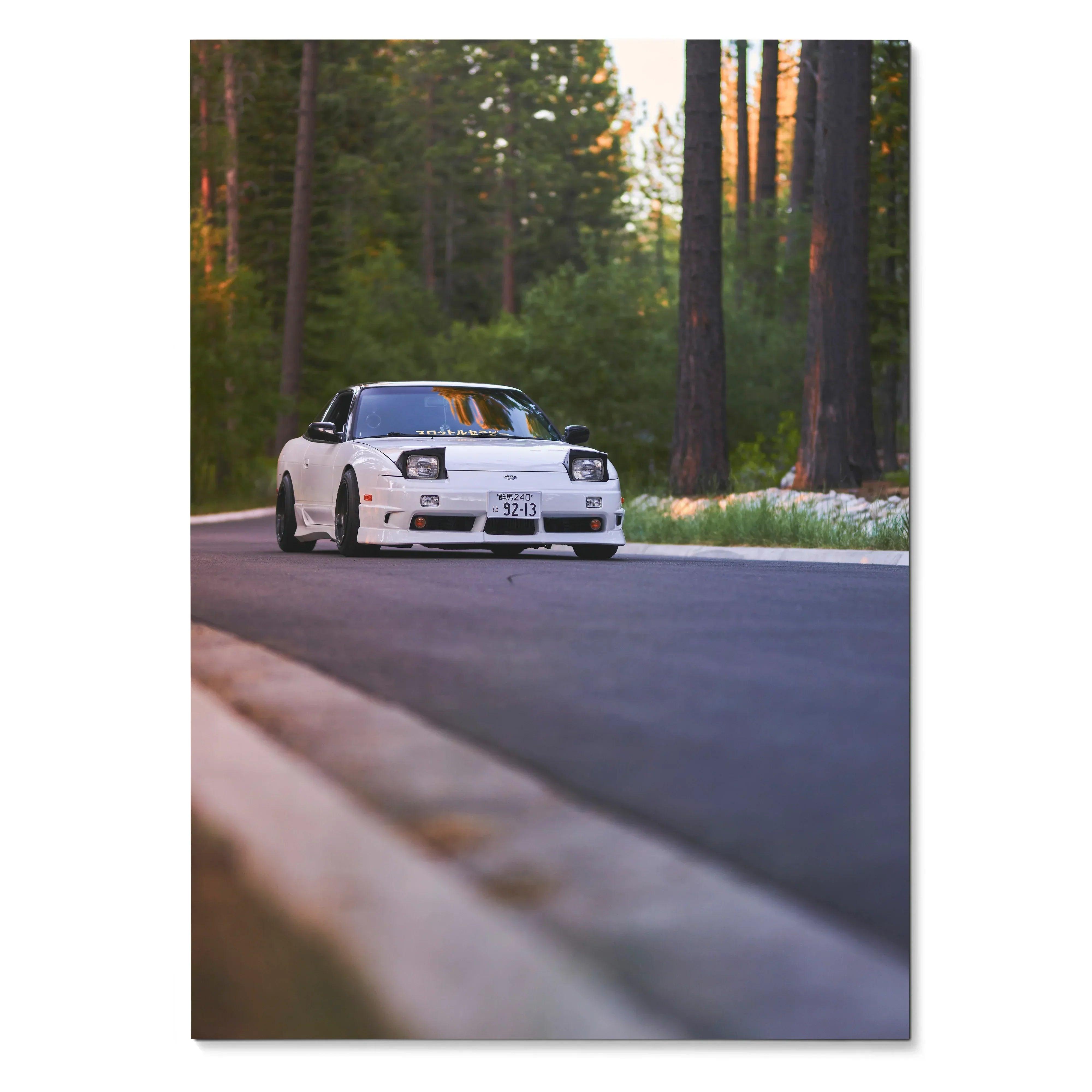 Nissan 240sx S13 Type-X driving on forest road at sunset poster wall art.