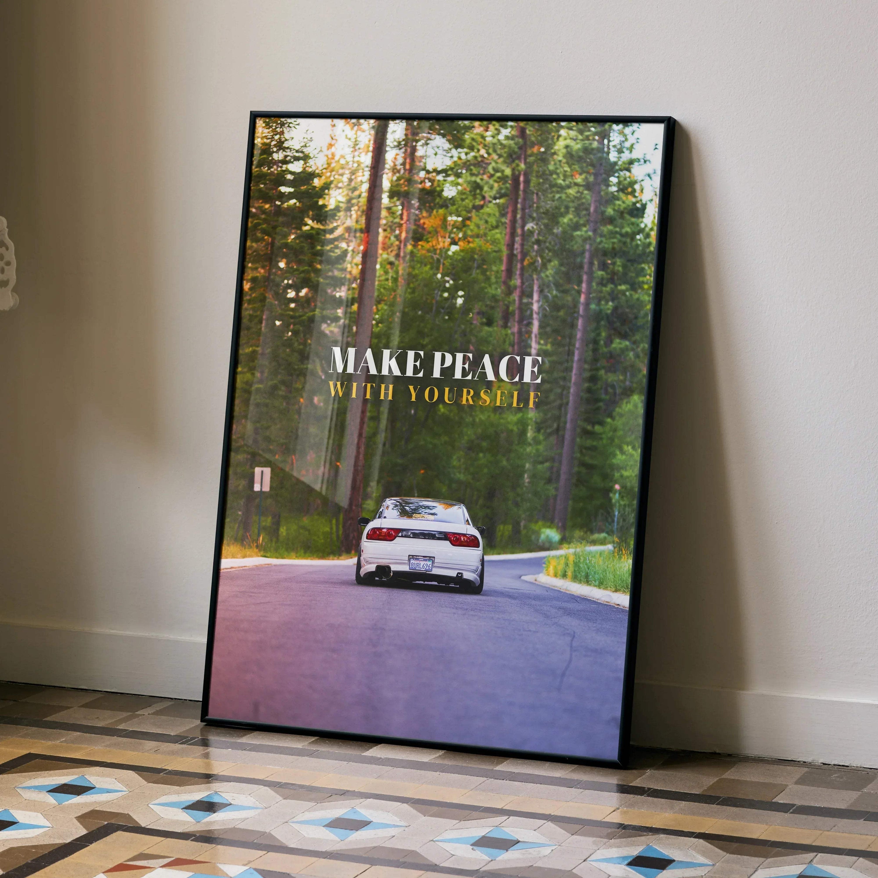 Motivational poster wall art with Nissan 240sx Type-X driving on forest road and inspiring quote.