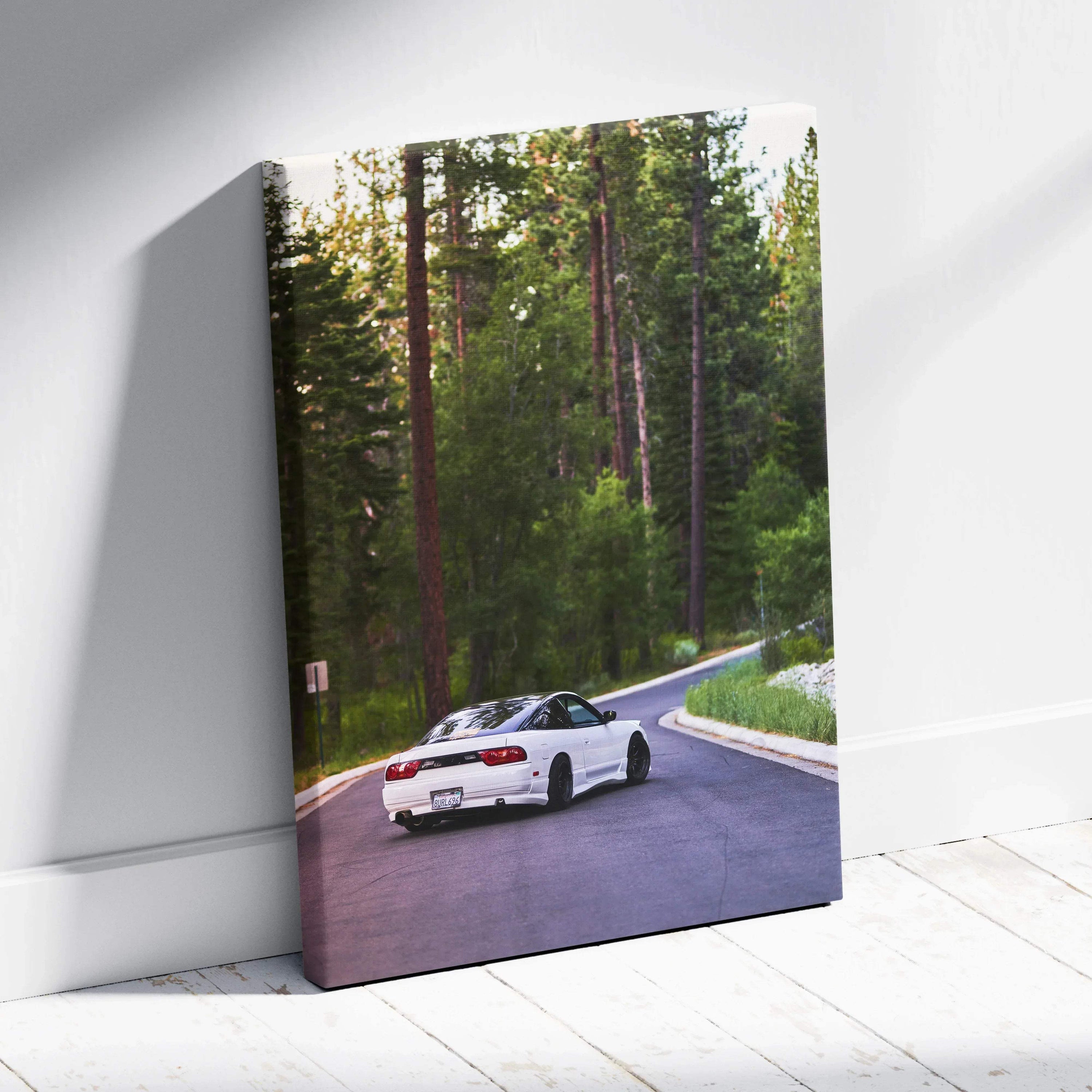 Nissan 240sx car canvas wall art with forest road background, vertical canvas print.