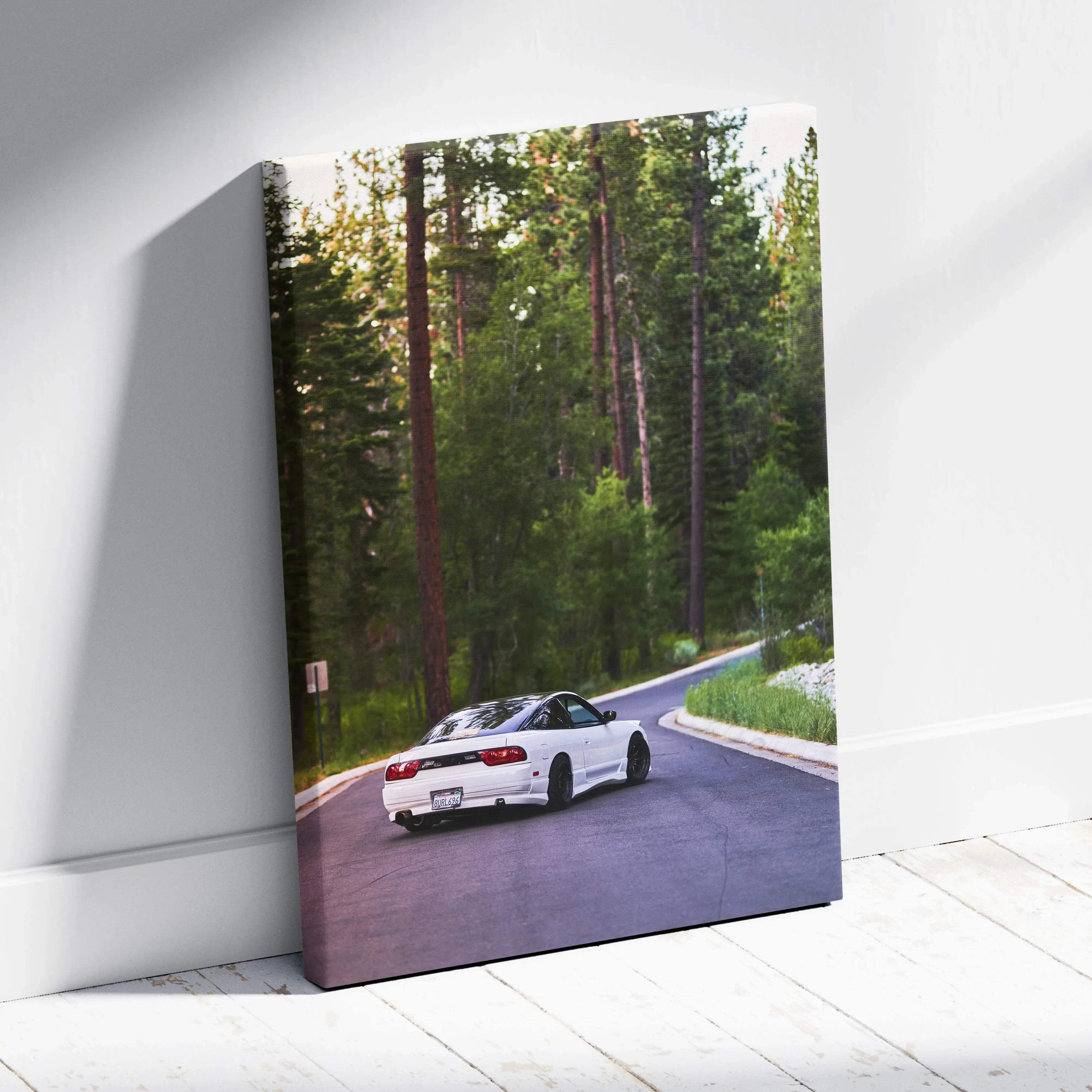 White nissan 180sx canvas wall art featuring sleek sporty design with black rims and red taillights in natural colors