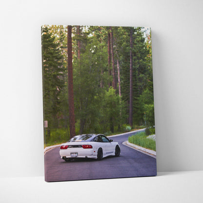 Nissan 240sx on winding forest road vertical canvas wall art print.
