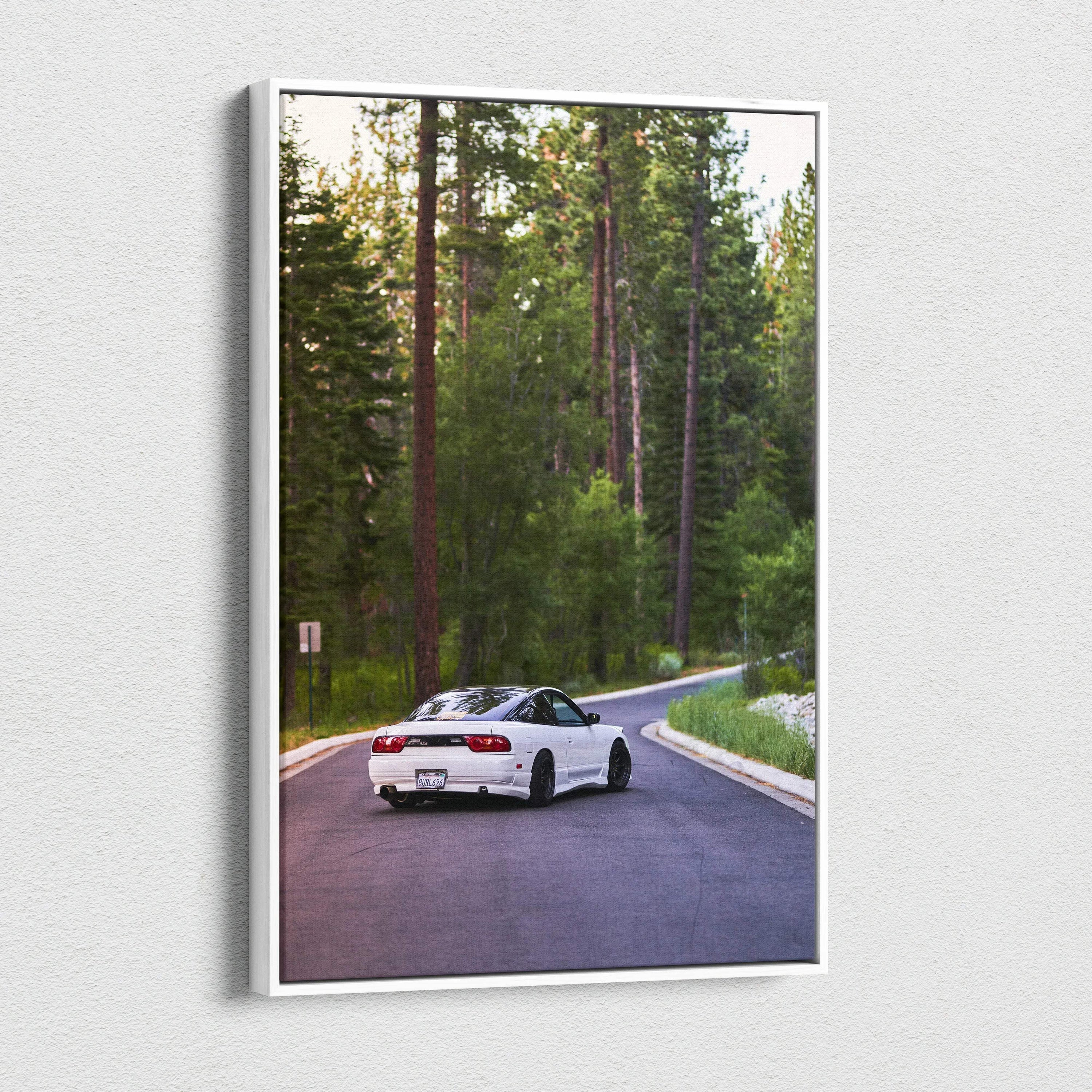 Vertical canvas art of white Nissan 240sx Type X on winding forest road, wall art print.