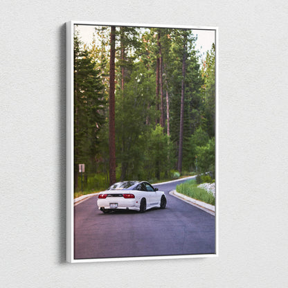 Vertical canvas art of white Nissan 240sx Type X on winding forest road, wall art print.