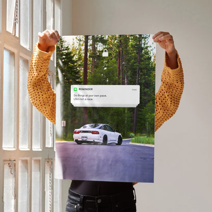 Motivational poster featuring white Nissan 240sx Type-X on forest road with inspiring text, wall art for car enthusiasts.