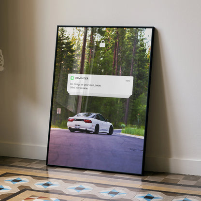 Motivational poster wall art featuring white Nissan 240sx Type-X on forest road at dusk.