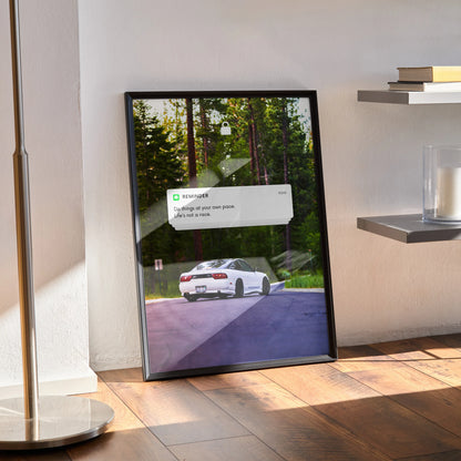 Motivational poster wall art featuring white Nissan 240sx Type-X on forest road with inspiring text.