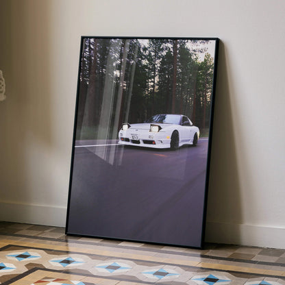 Nissan 240sx S13 Type-X poster showing white car on forest road wall art in black frame.