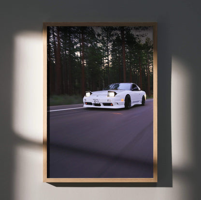 Nissan 240sx S13 Type-X white sports car on road surrounded by trees poster wall art.