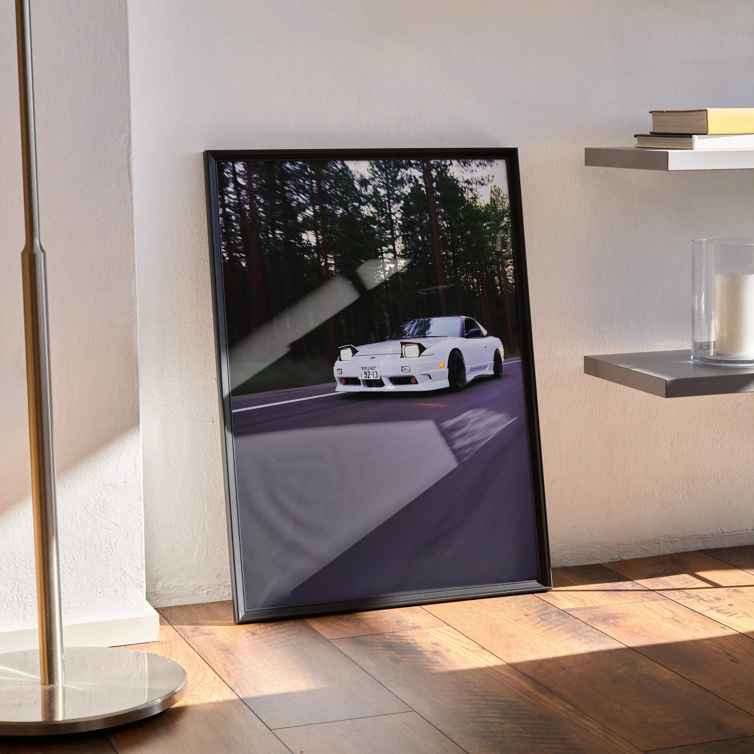 Nissan 240sx S13 Type-X white sports car driving on forest road vintage poster wall art.