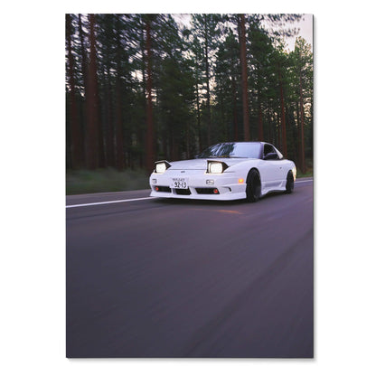 Nissan 240sx S13 Type-X driving on road through tall pine trees poster wall art.