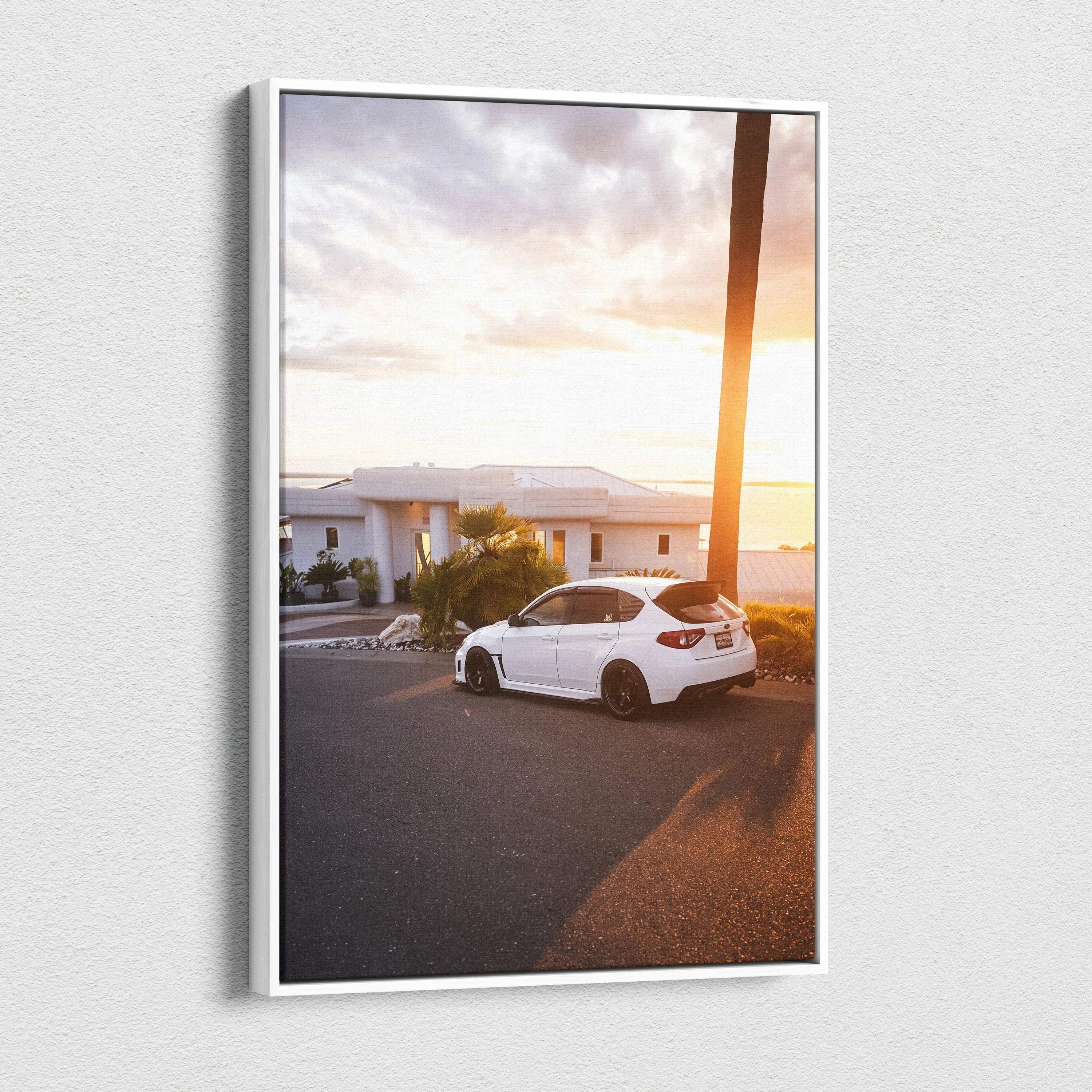 Subaru WRX STI parked at sunset with warm light, vertical canvas wall art print.
