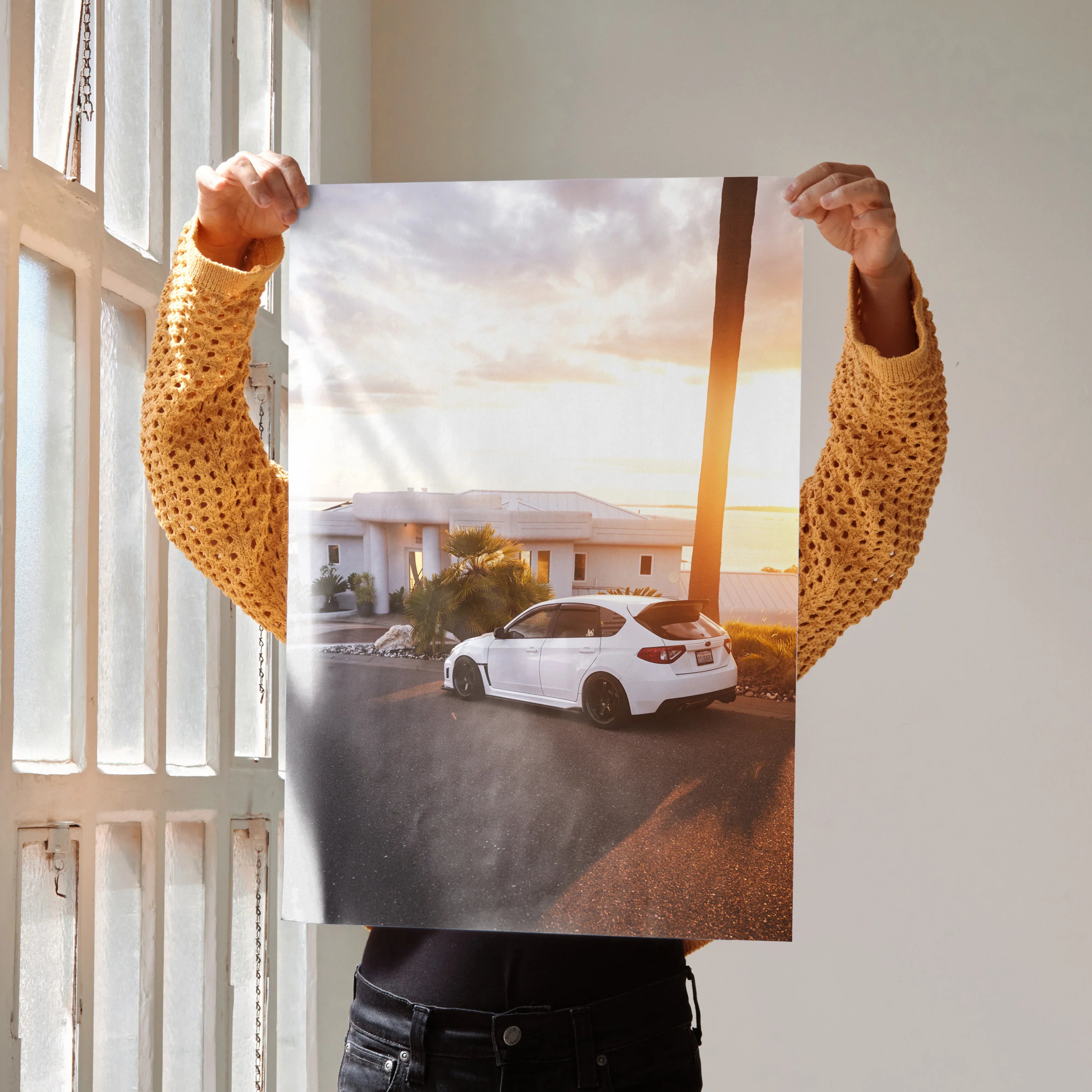 Subaru WRX STI poster with sunset background, modern house, and sleek white car wall art.