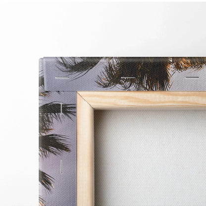 Close-up of wooden frame edge and detailed canvas texture for vertical wall art print.