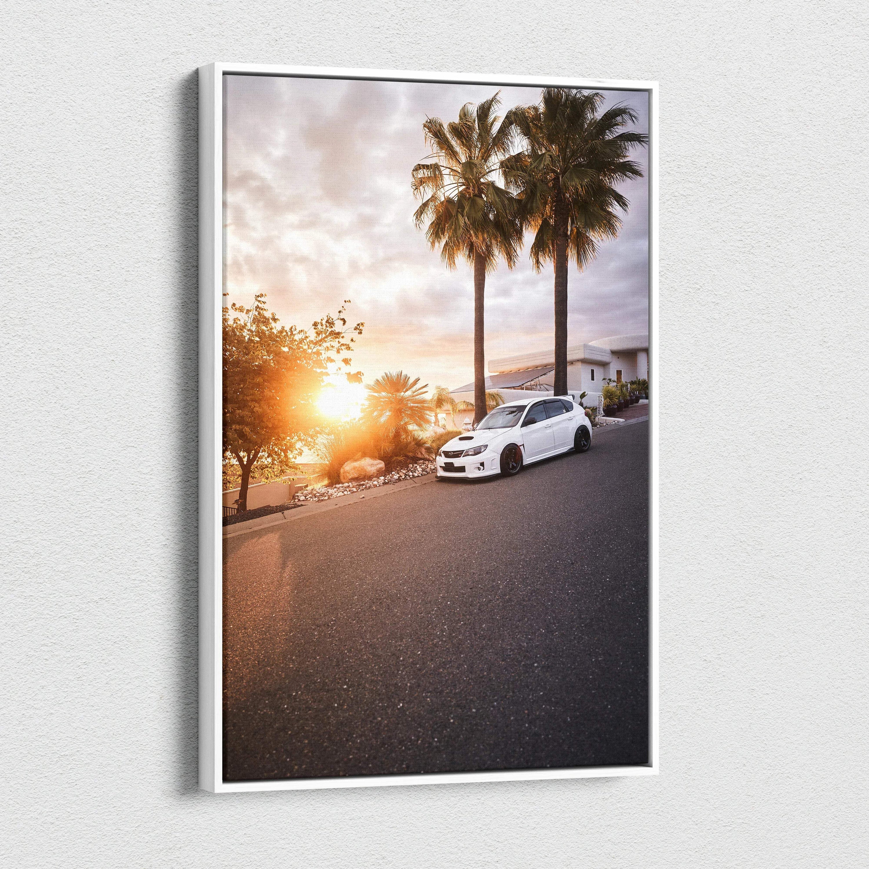 Subaru WRX STI parked on sunset street with palm trees, vertical canvas wall art.
