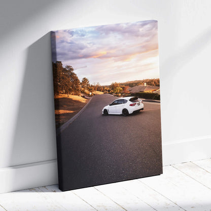 Subaru WRX STI on scenic road at sunset vertical canvas wall art print.