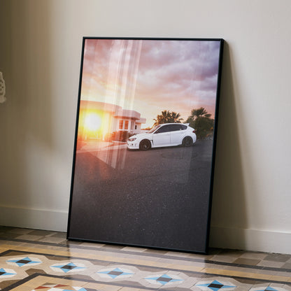 Subaru WRX STI poster with sunset background, modern wall art in black frame.