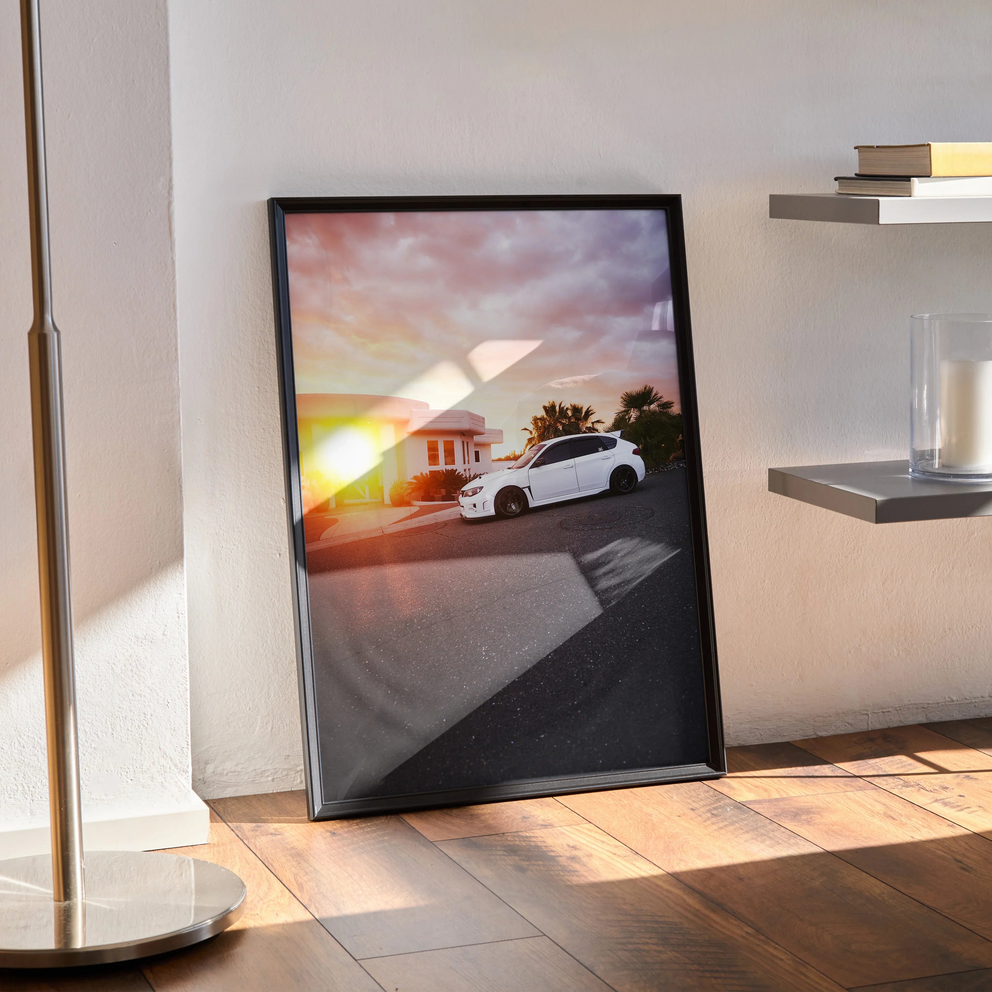 Subaru WRX STI poster with sunset backdrop, sleek car profile, vibrant wall art detail.