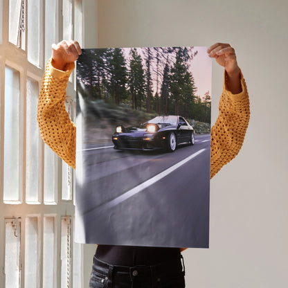 Mazda FC RX7 driving on forest road at dusk automotive poster wall art.
