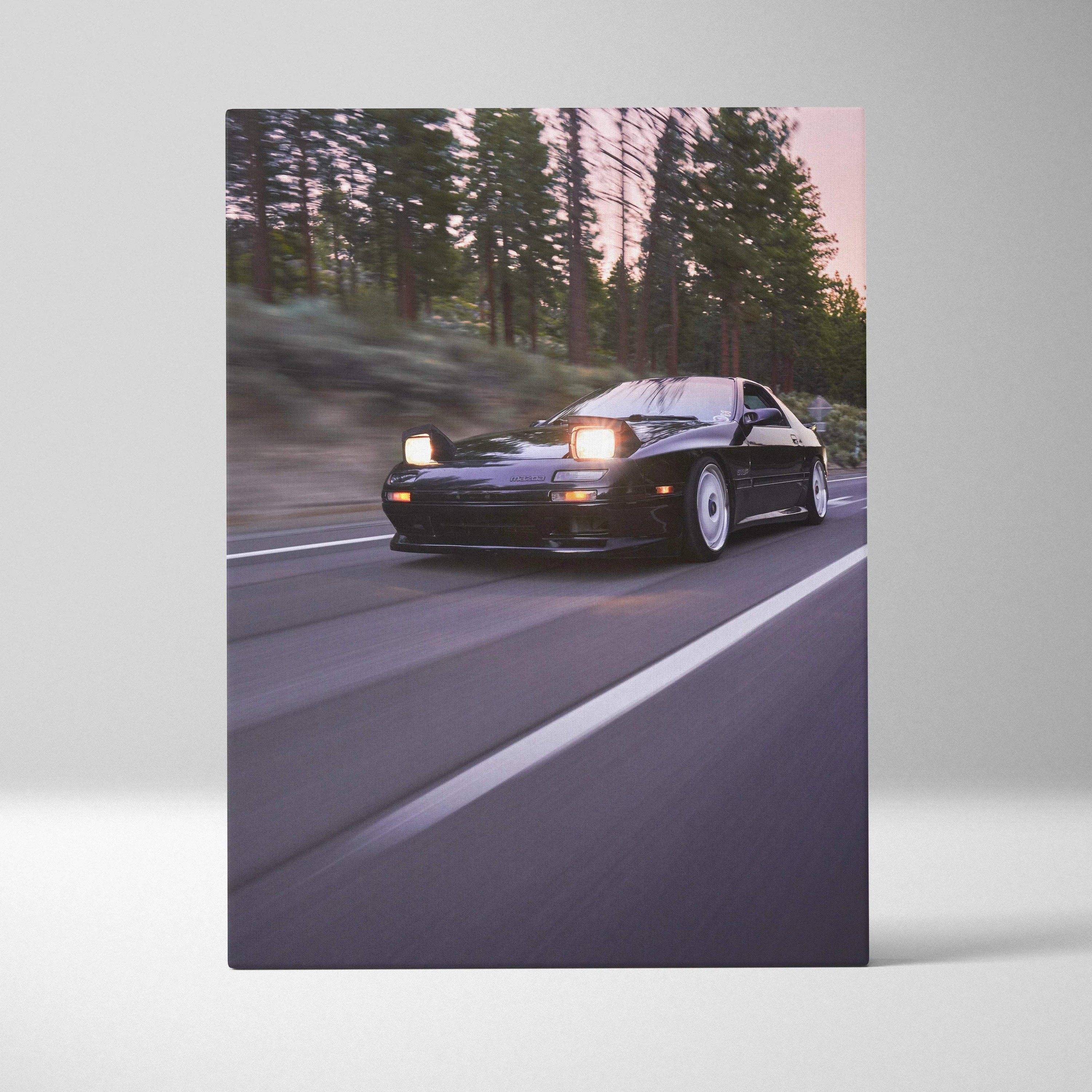 Mazda FC RX7 black sports car driving on road canvas wall art with forest background vertical canvas art.