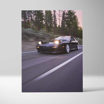 Mazda FC RX7 black sports car driving on road canvas wall art with forest background vertical canvas art.