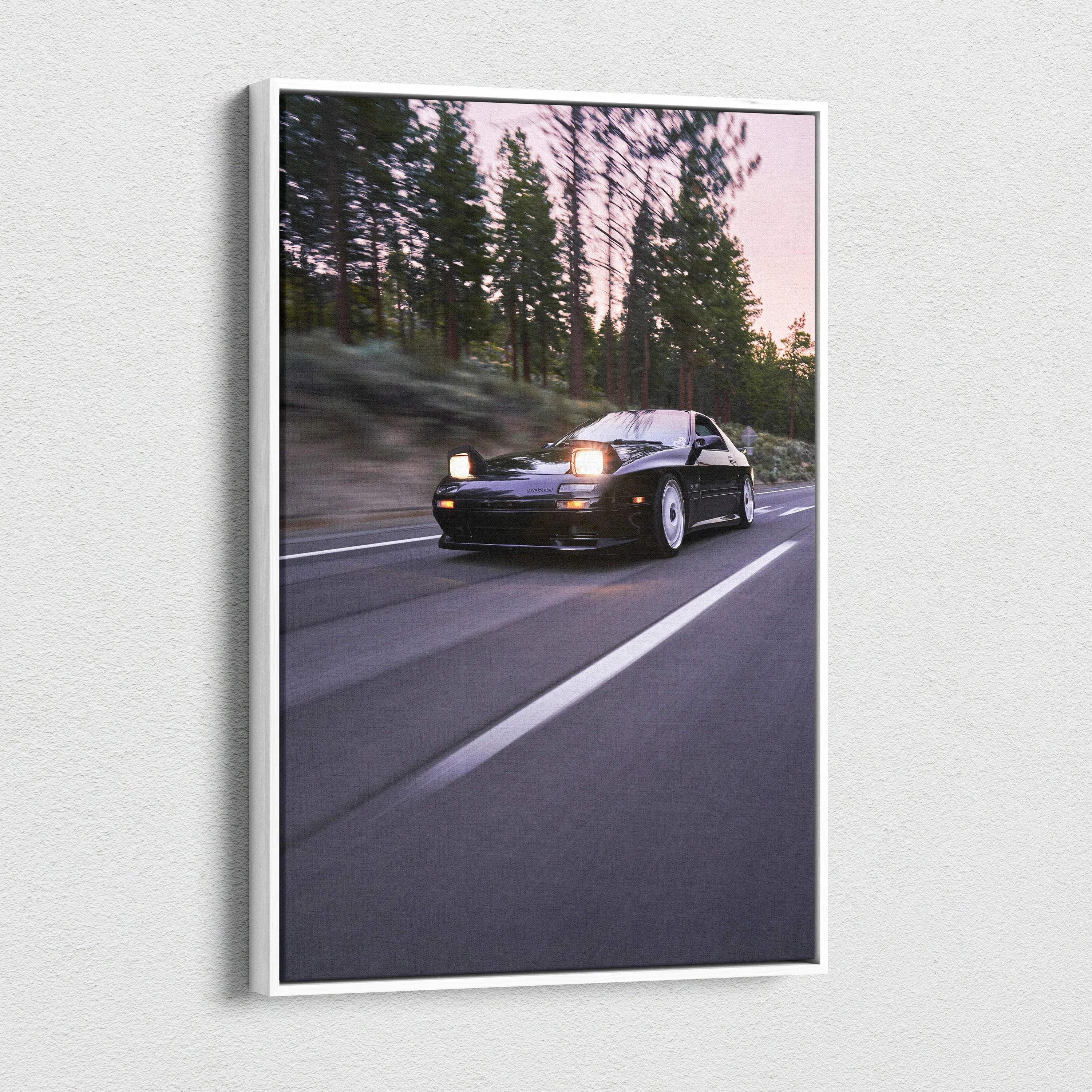 Mazda FC RX7 driving on road at dusk canvas wall art vertical car canvas print.