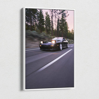 Mazda FC RX7 driving on road at dusk canvas wall art vertical car canvas print.
