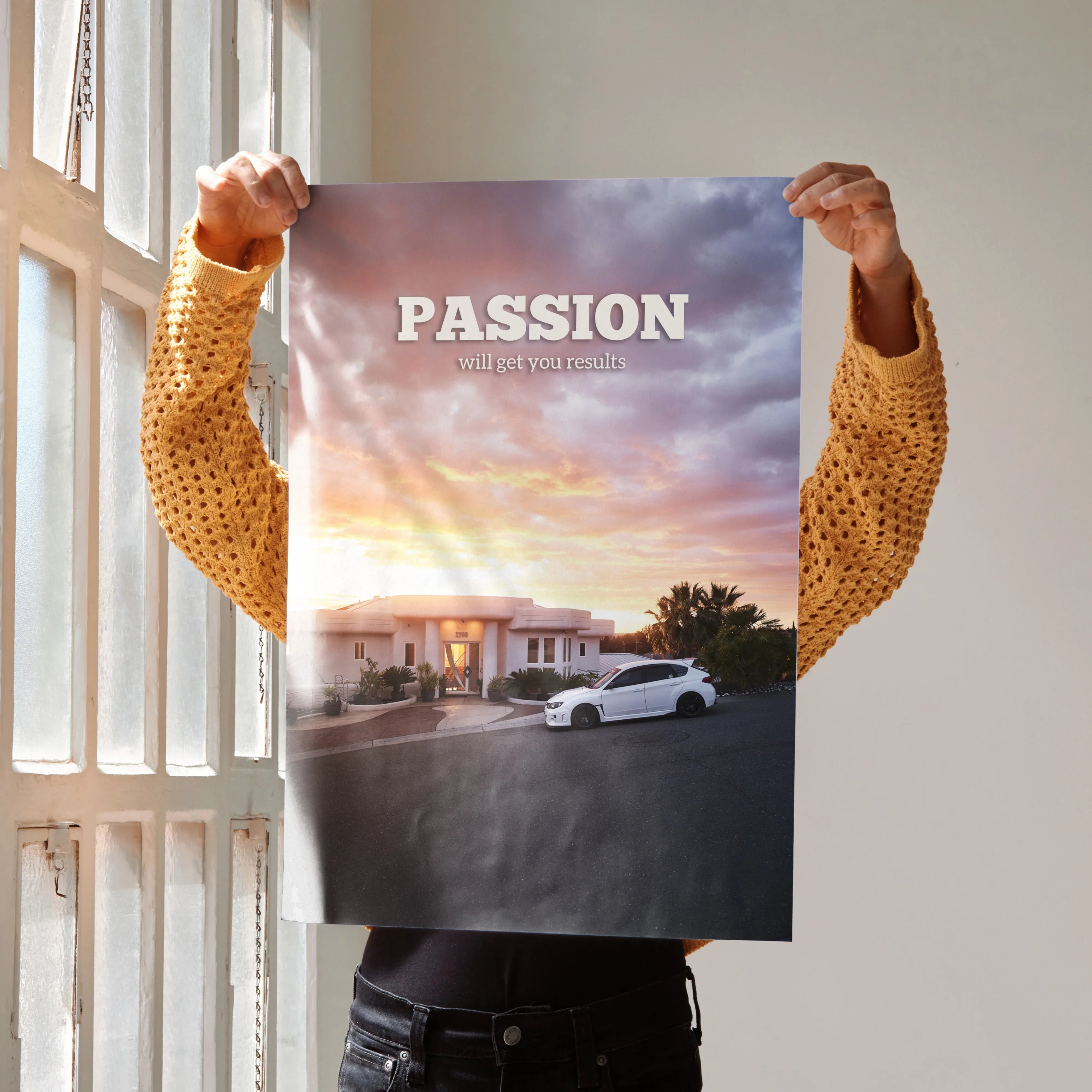 Motivational poster wall art with Subaru WRX STI at sunset and text "Passion in Motion".