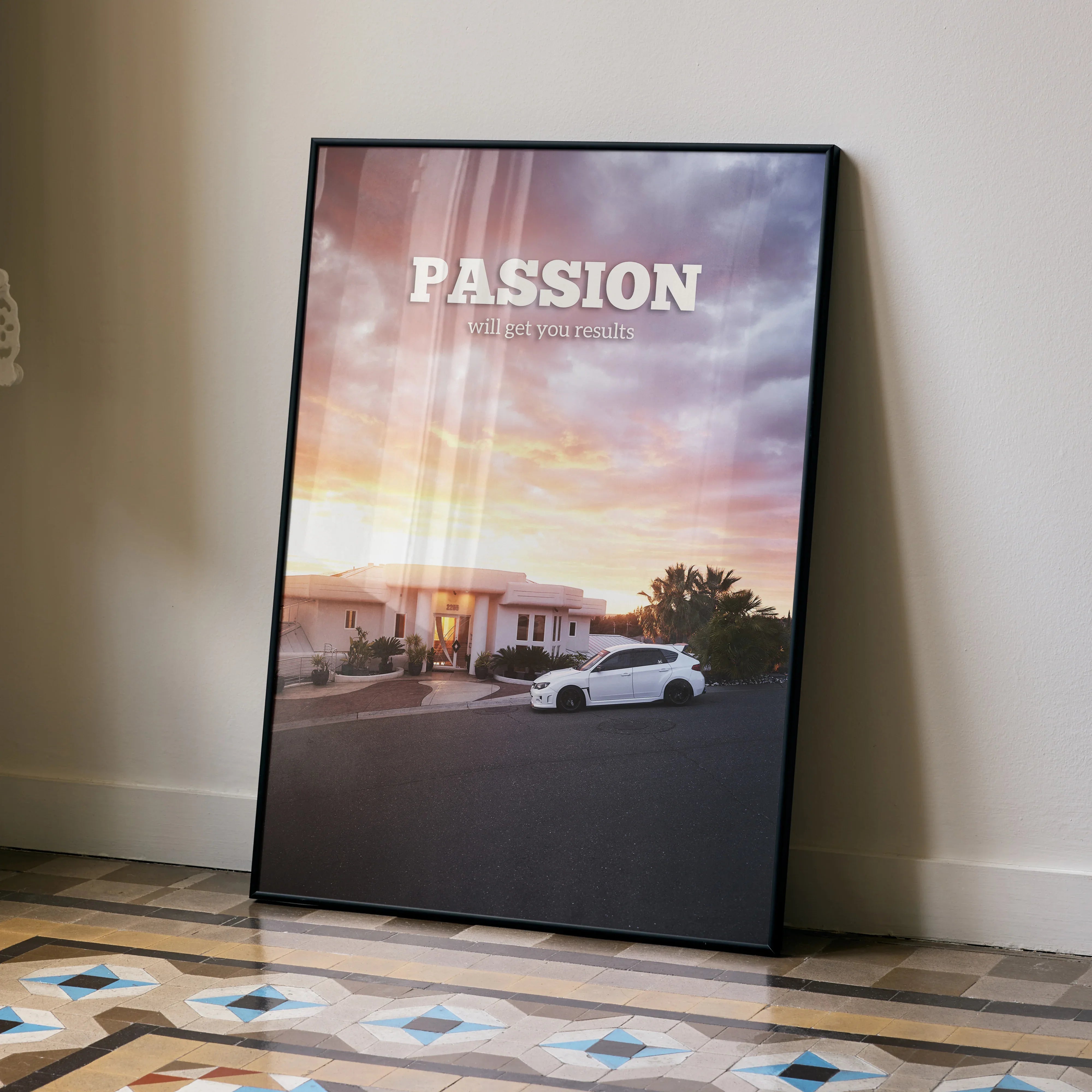 Motivational wall art poster featuring a white Subaru WRX STI at sunset with the word "PASSION" in bold letters.