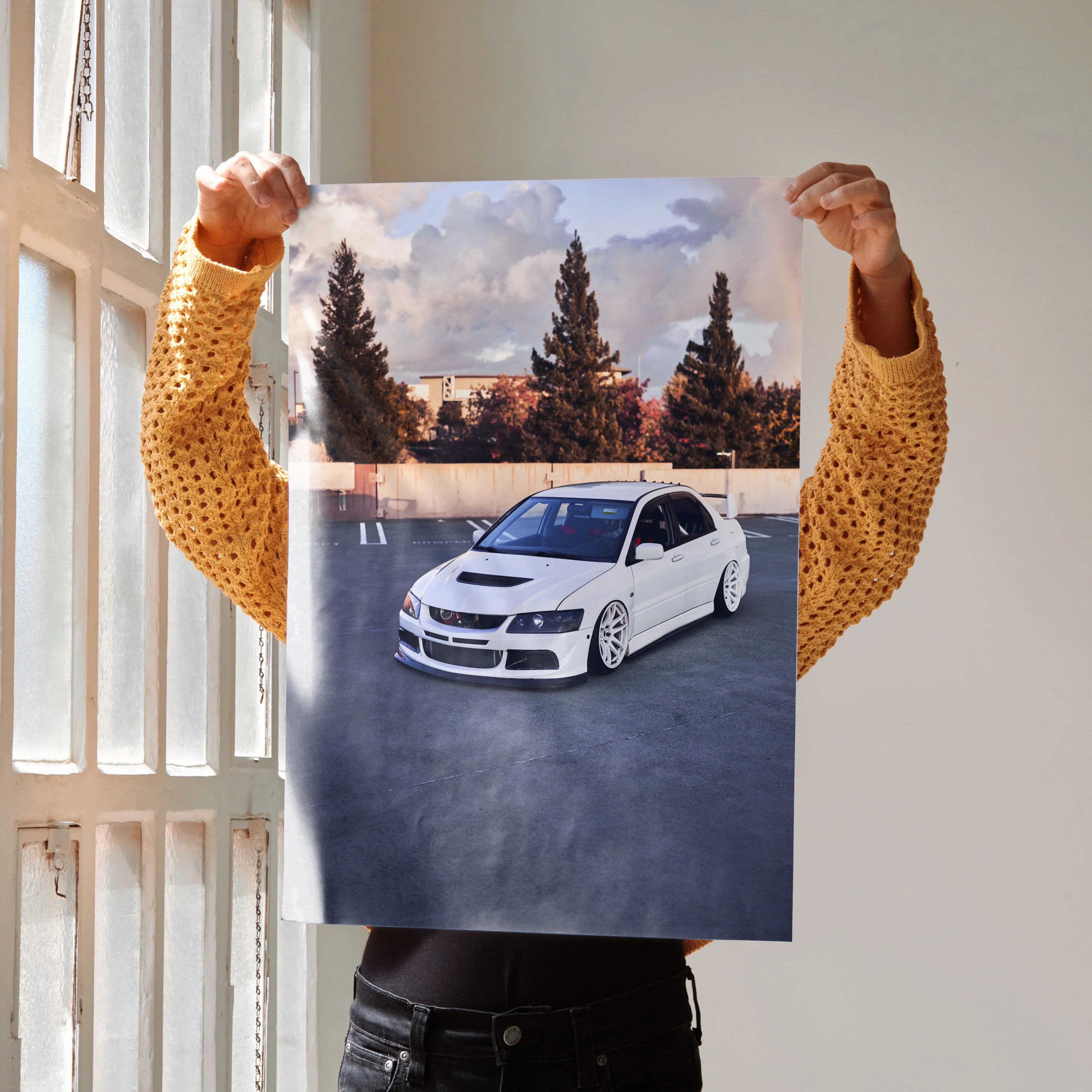 Mitsubishi Evo 8 white sports car poster with detailed cityscape and sky background wall art.