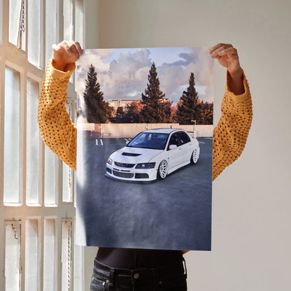 Mitsubishi Evo 8 white sports car poster with detailed cityscape and sky background wall art.