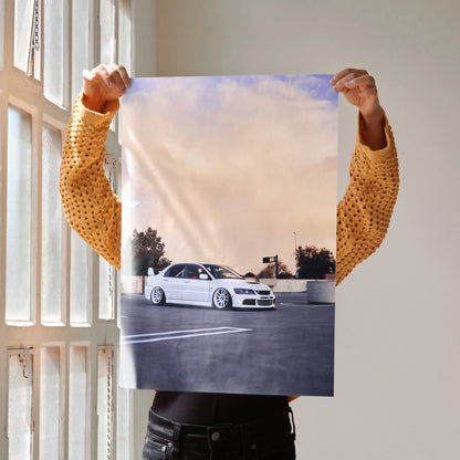 Mitsubishi Evo 8 white car poster with sunset sky, automotive wall art.