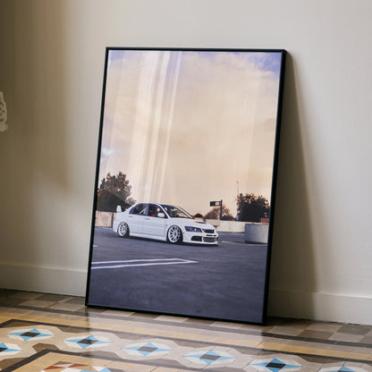 Mitsubishi Evo 8 white car on rooftop parking lot poster wall art in black frame.