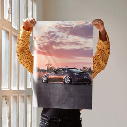 Nissan 350z parked at sunset with dramatic clouds car poster wall art.
