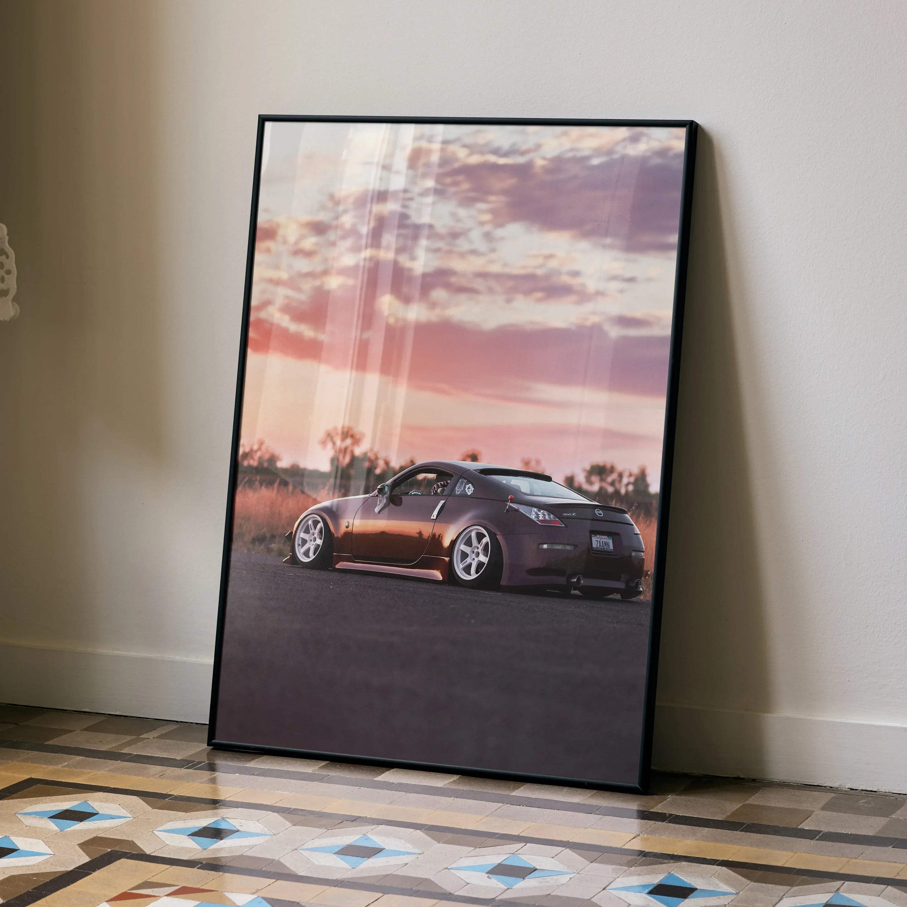 Nissan 350z car poster featuring sunset sky in vibrant colors, modern wall art in black frame.