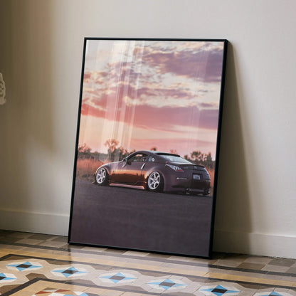 Nissan 350z car poster featuring sunset sky in vibrant colors, modern wall art in black frame.