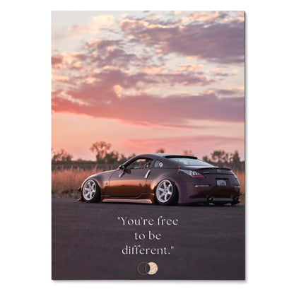 Motivational Nissan 350z poster featuring dark purple sports car at sunset with inspiring text wall art.