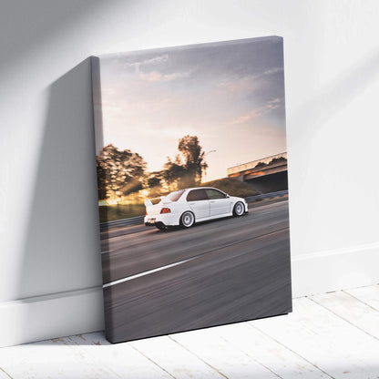 Mitsubishi Evo 8 racing car on road at sunset canvas wall art in vertical format.