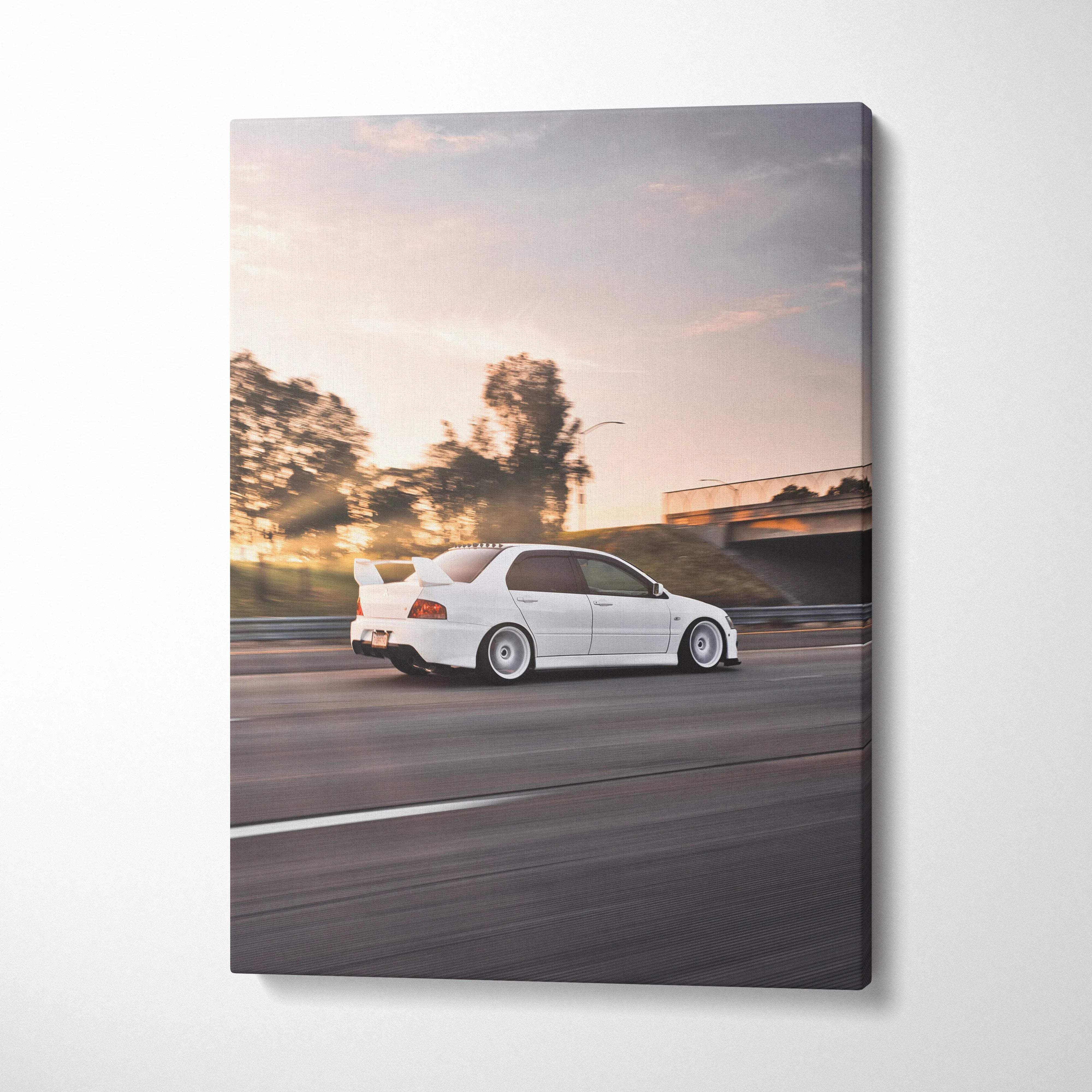 White Mitsubishi Evo 8 on road sunset background vertical canvas wall art.