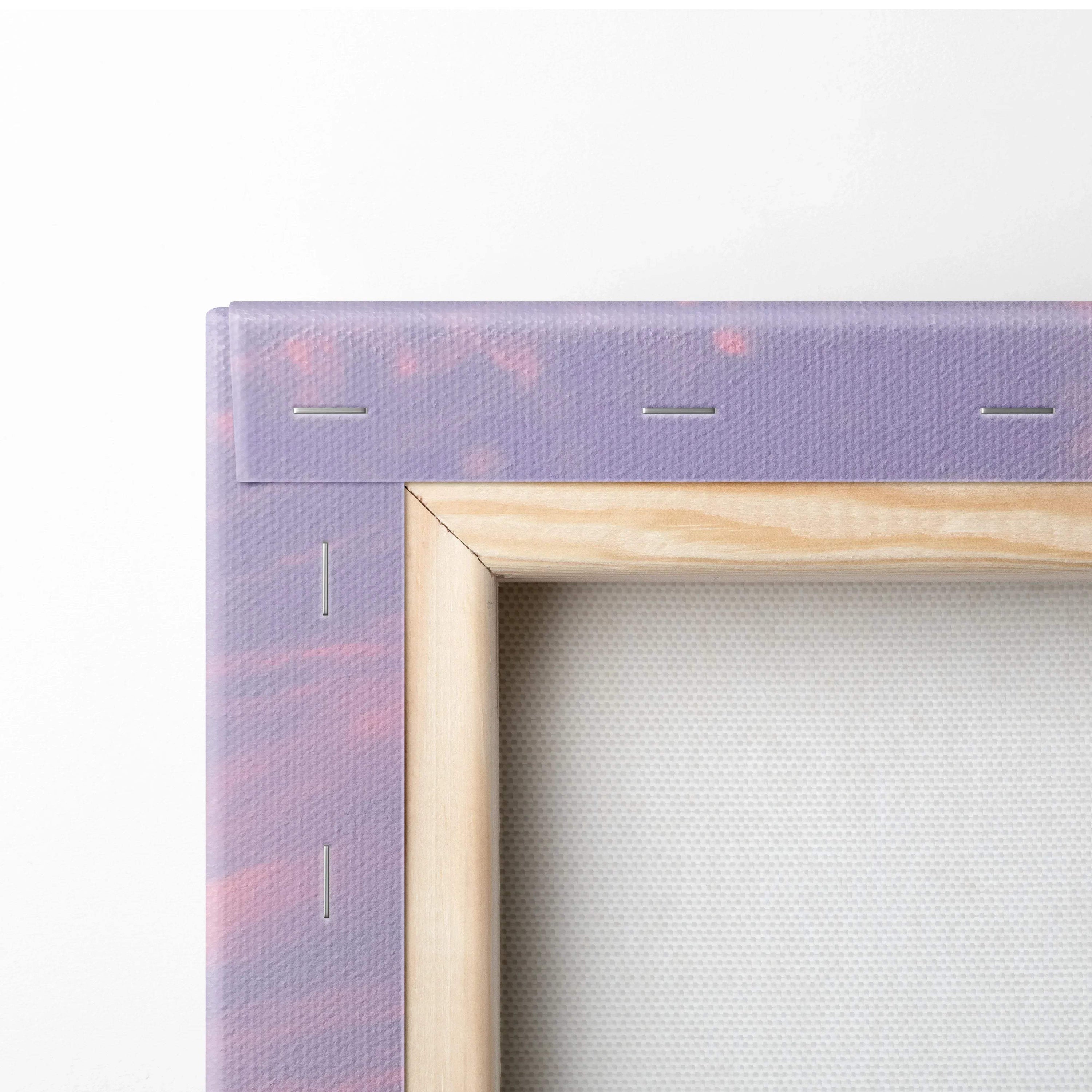 Close-up of stretched canvas corner with wooden frame and purple edge for wall art.