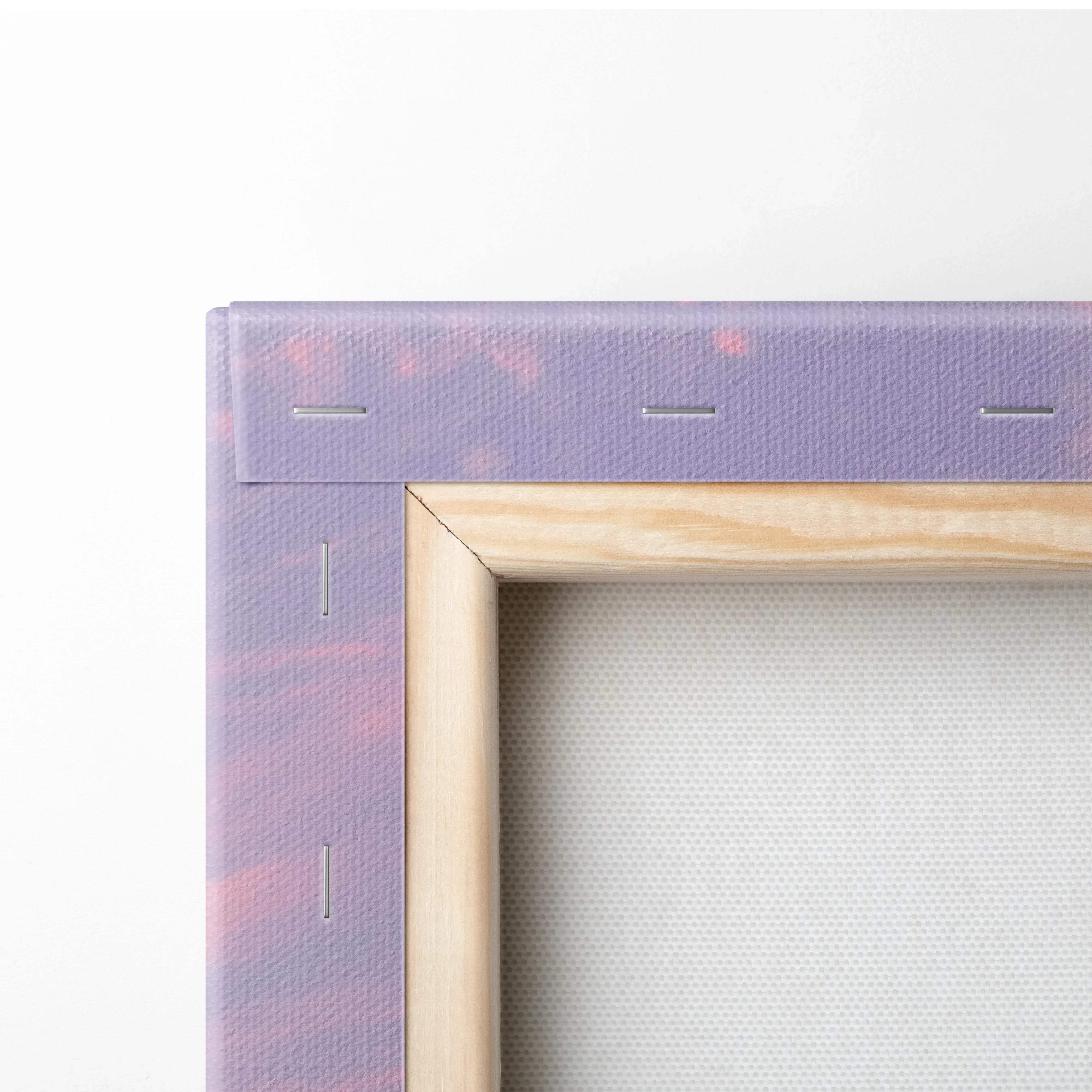 Canvas wall art featuring a purple and pink tie-dye vertical car print with light wood frame museum quality sunset mood